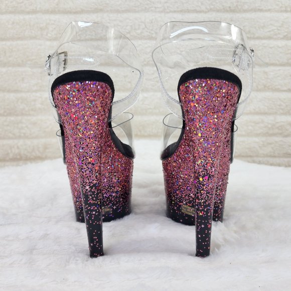Adore 708SS Pink Hologram Glitter Ombre Platform Ankle Strap Platform 7" Heels - Picture 9 of 12